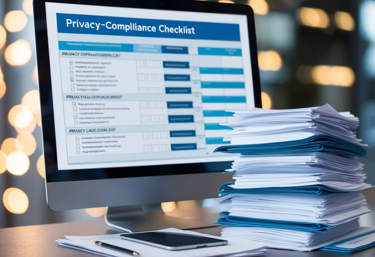 A stack of legal documents and a computer screen displaying a privacy compliance checklist