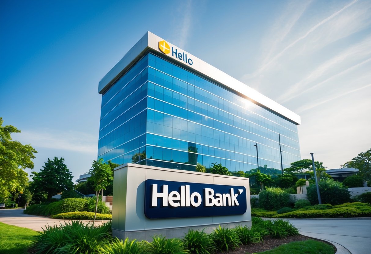 Un bâtiment bancaire moderne et élégant avec un logo « Hello Bank » bien en vue, entouré de verdure luxuriante et d'un ciel bleu clair.