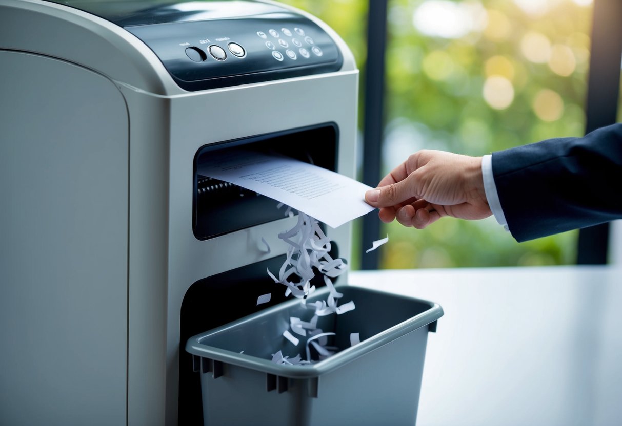 A stack of paper being fed into a shredder, with the shredded pieces falling into a secure bin below