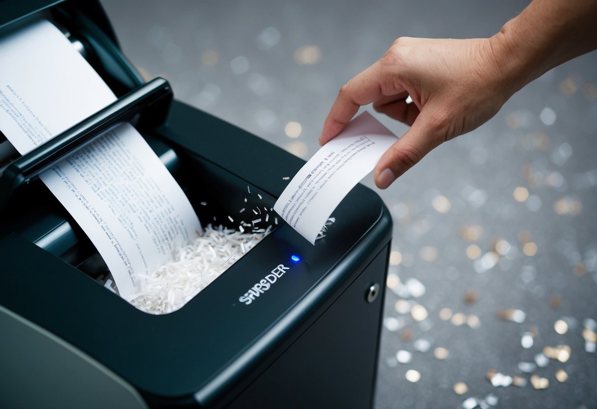 A secure document shredder in action, with paper being fed into the machine and coming out in small, confetti-like pieces