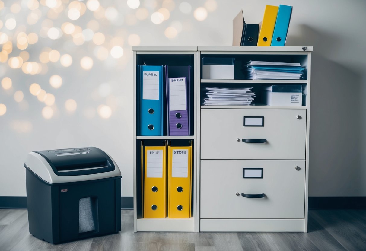 A filing cabinet with labeled folders, a shredder, and a digital storage system with organized files