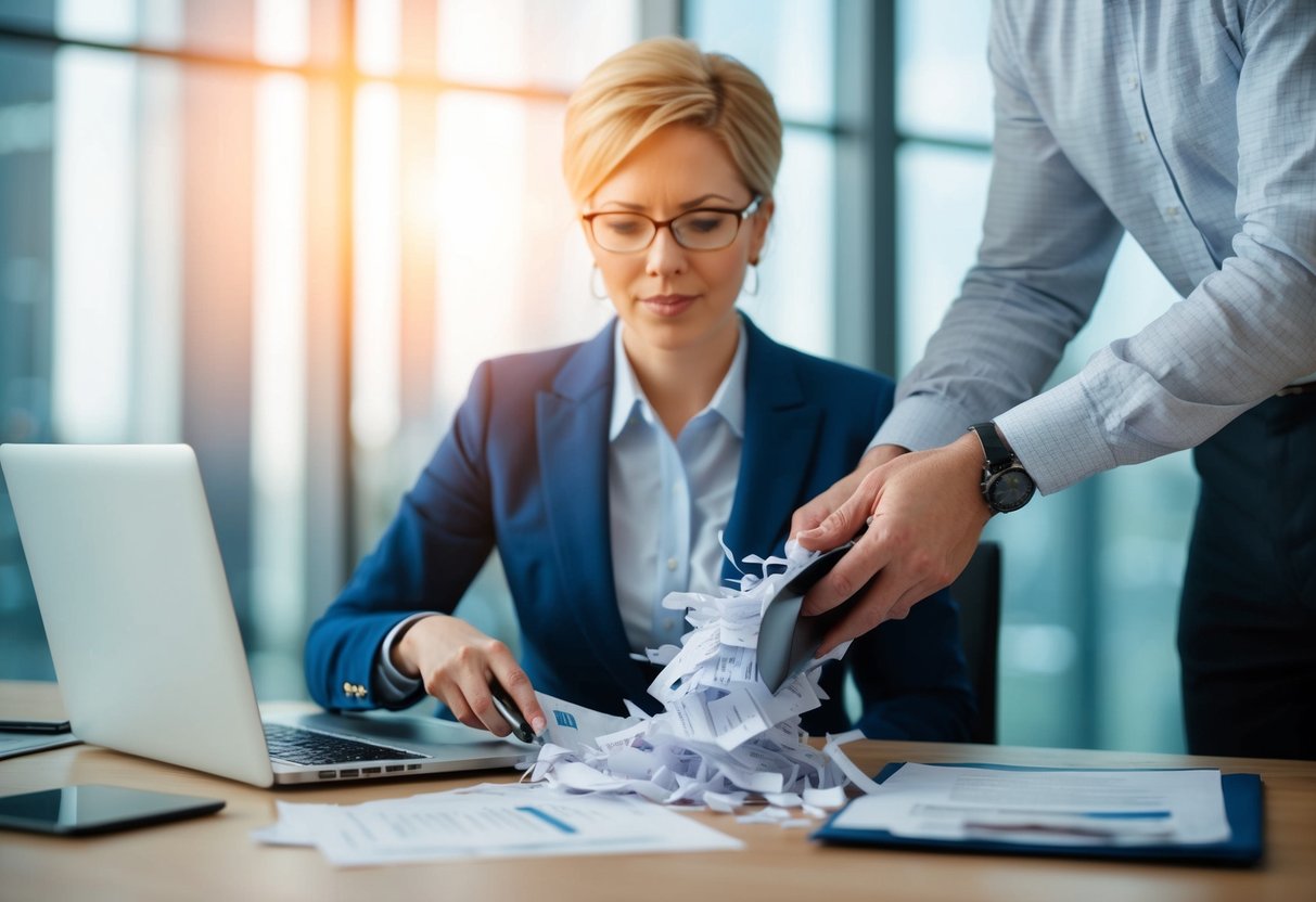 A person shredding documents while being audited