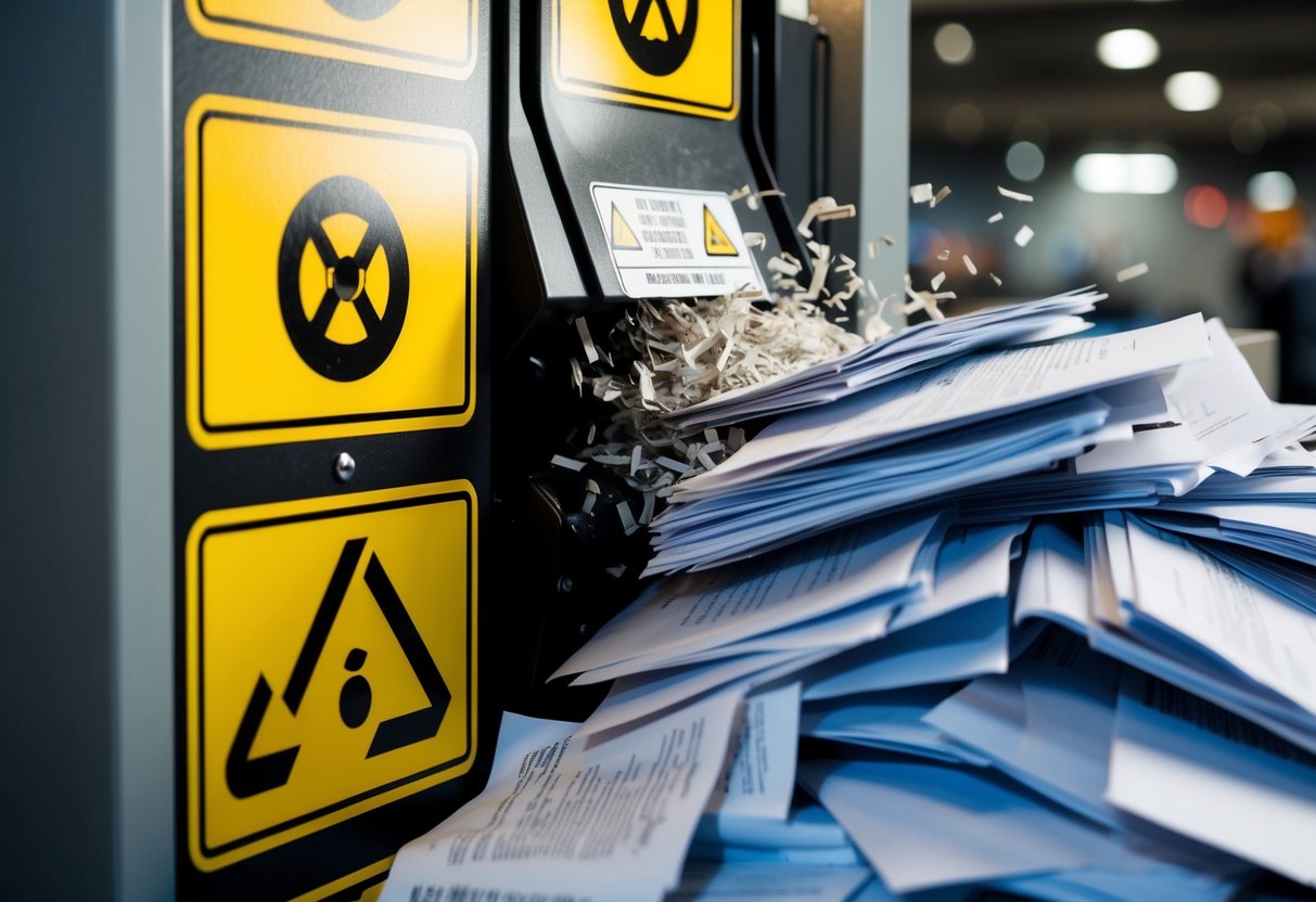 A pile of documents being shredded by a powerful machine, with warning signs and penalty symbols surrounding it