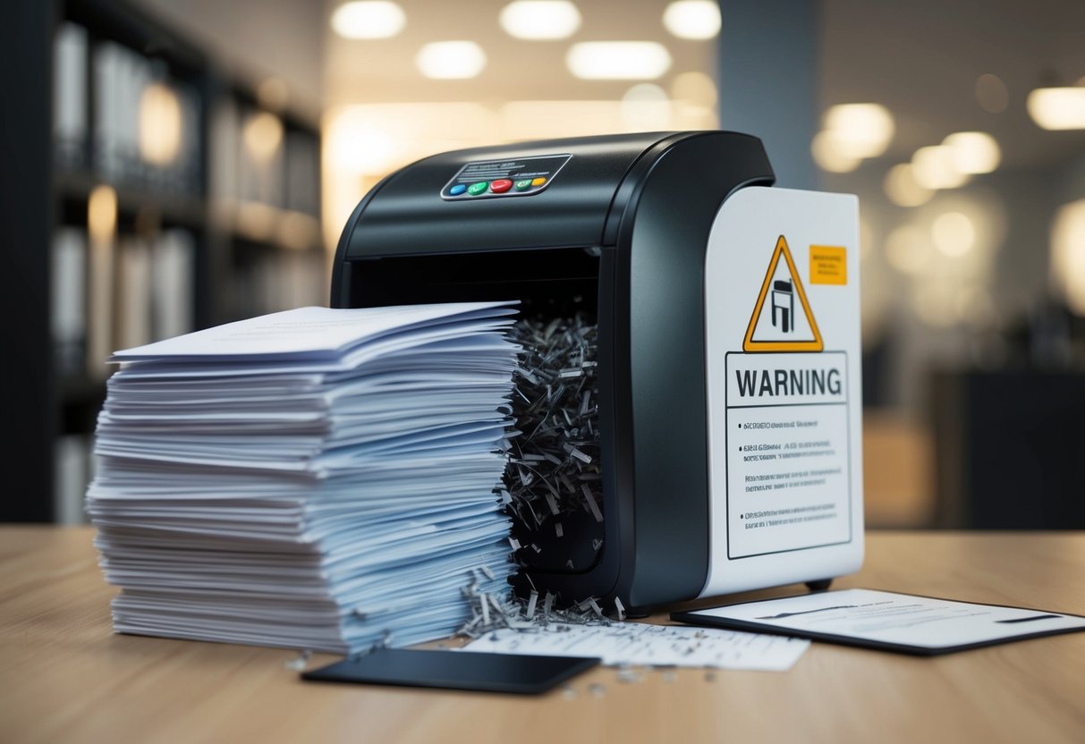 A shredder destroying a stack of documents with a stern warning sign in the background