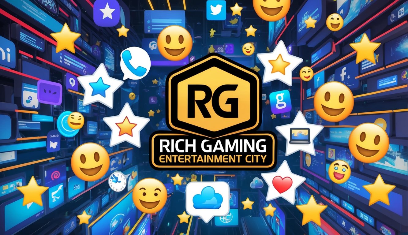 一個繁忙的社交媒體平台，周圍圍繞著 RG Rich Gaming Entertainment City 標誌的各種表情符號和星級評分