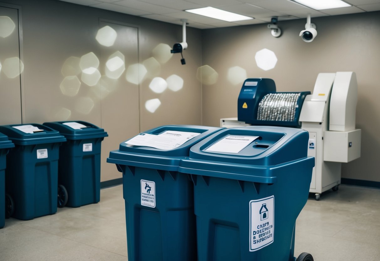 A secure document shredding service facility with locked bins, security cameras, and a shredding machine in operation