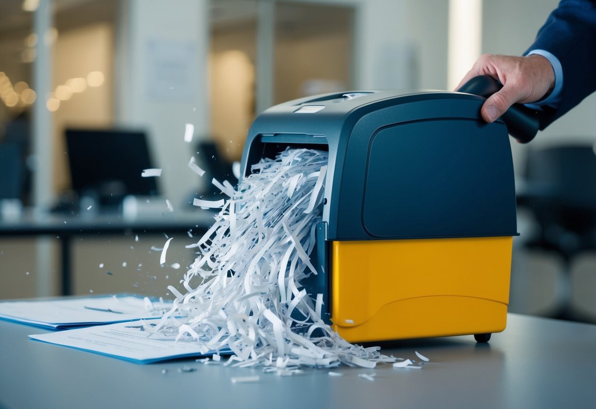 A secure document shredding service in action, with a professional shredder destroying sensitive paperwork in a secure facility