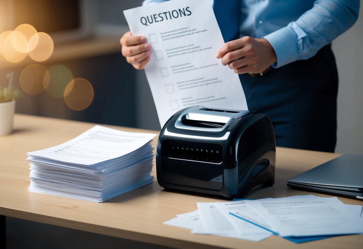 A stack of papers being fed into a shredder, with a person holding a checklist of questions in the background