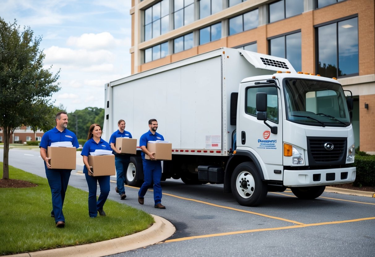 A shredding truck parked outside an office building in Georgia, with employees carrying boxes of documents to be shredded