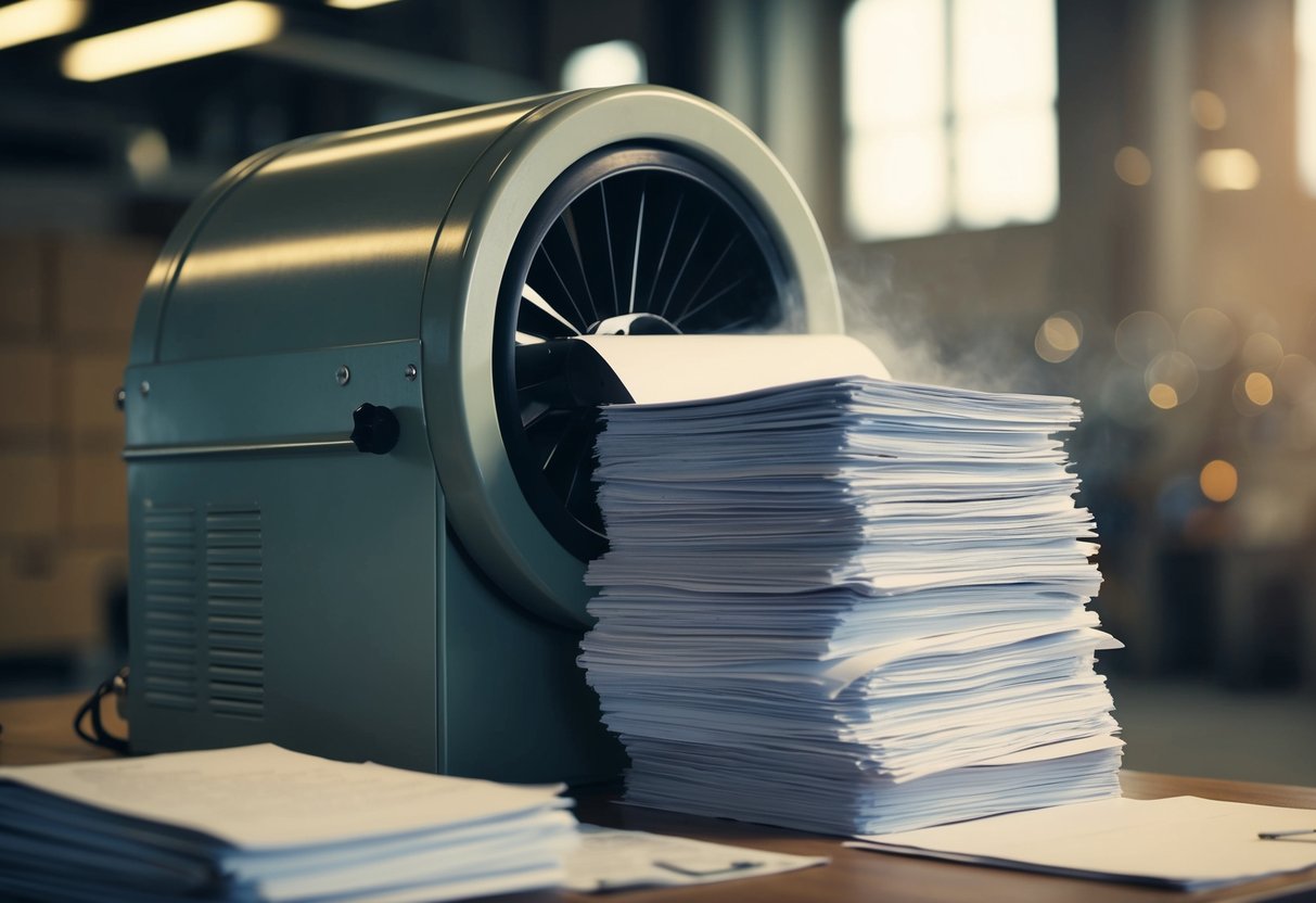 A large industrial shredder in action, devouring stacks of paper documents with a loud mechanical roar