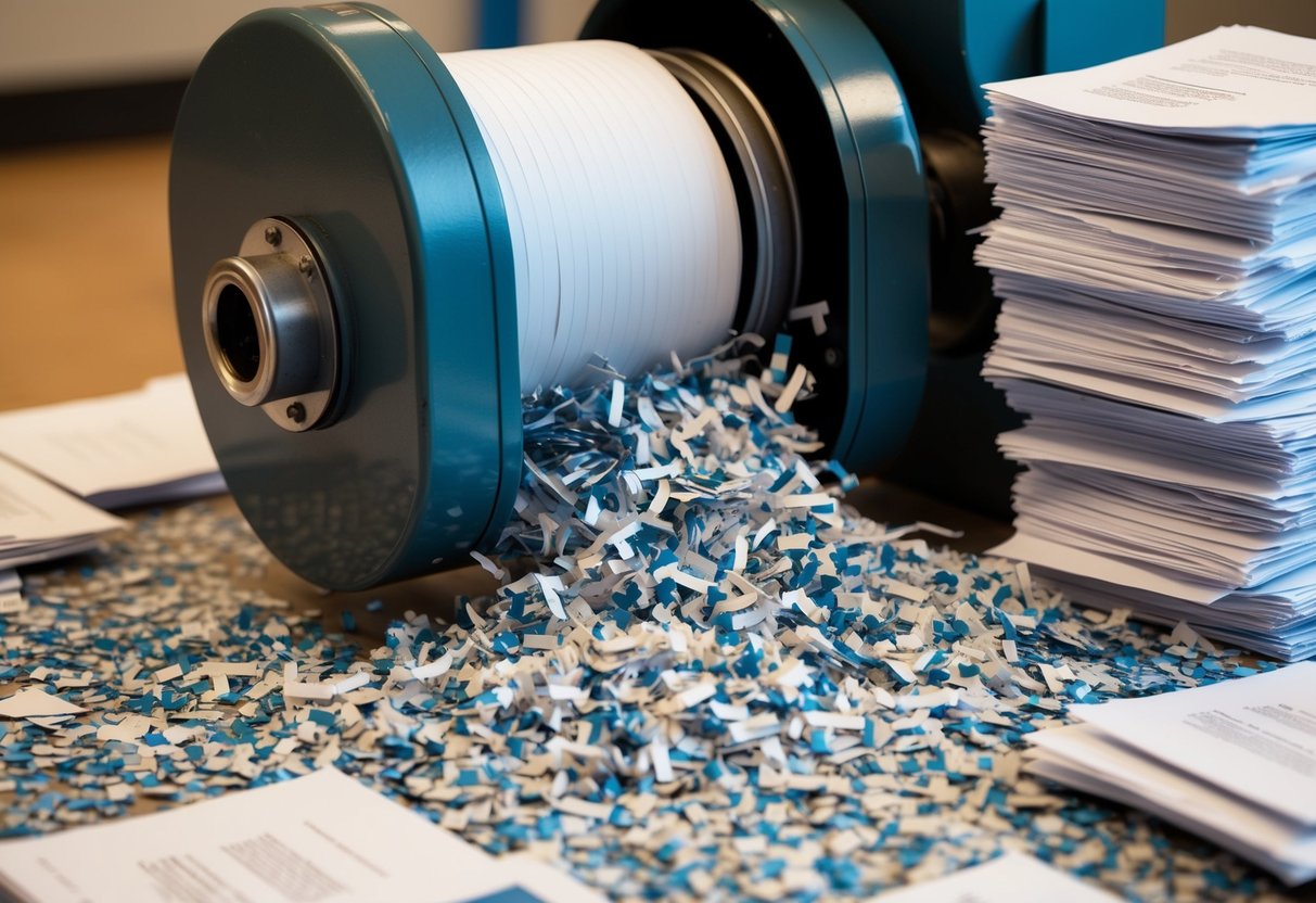 A large industrial shredder processing stacks of paper documents into small, confetti-like pieces