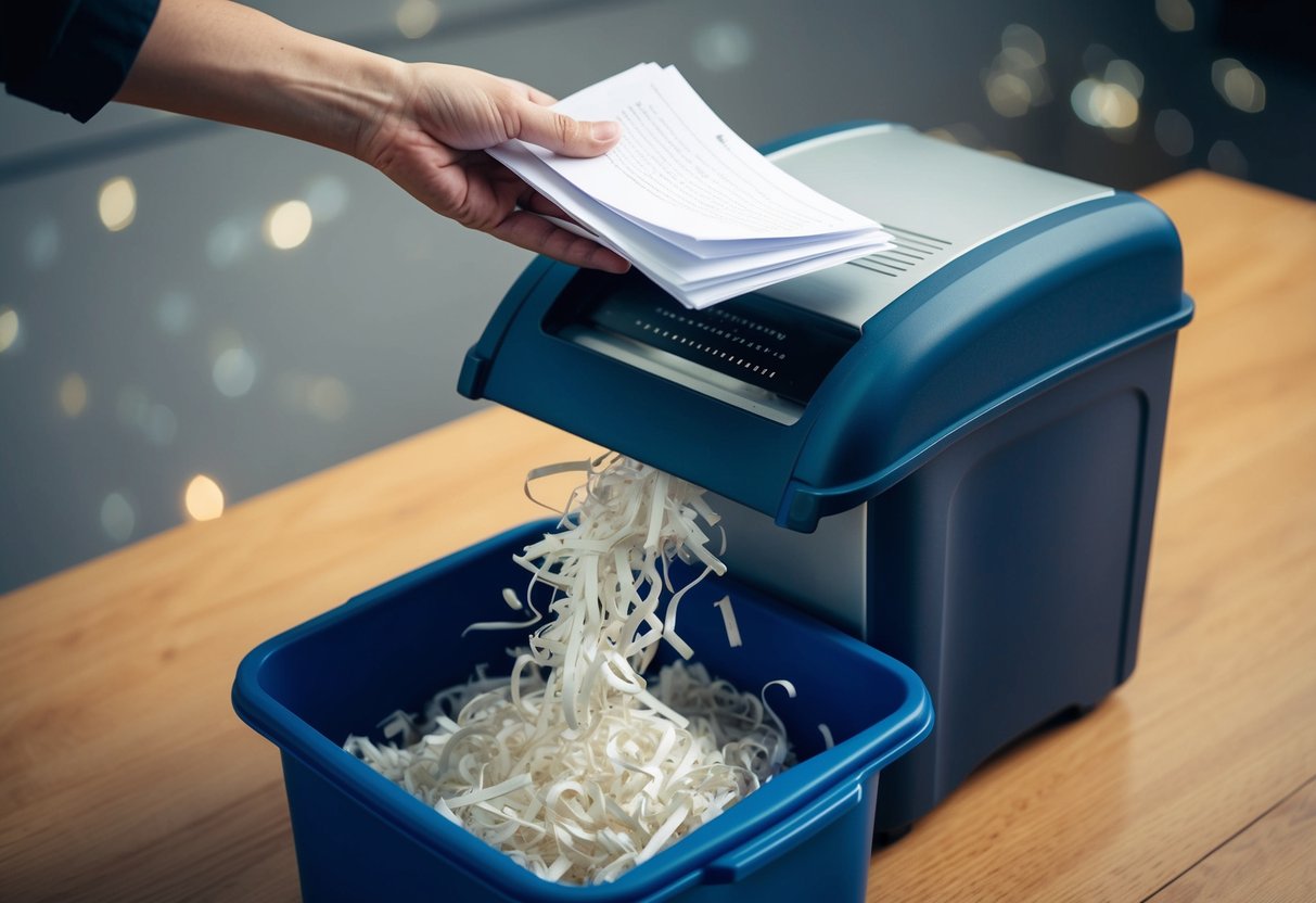 A stack of papers being fed into a commercial shredder, with the shredded pieces collecting in a secure bin below