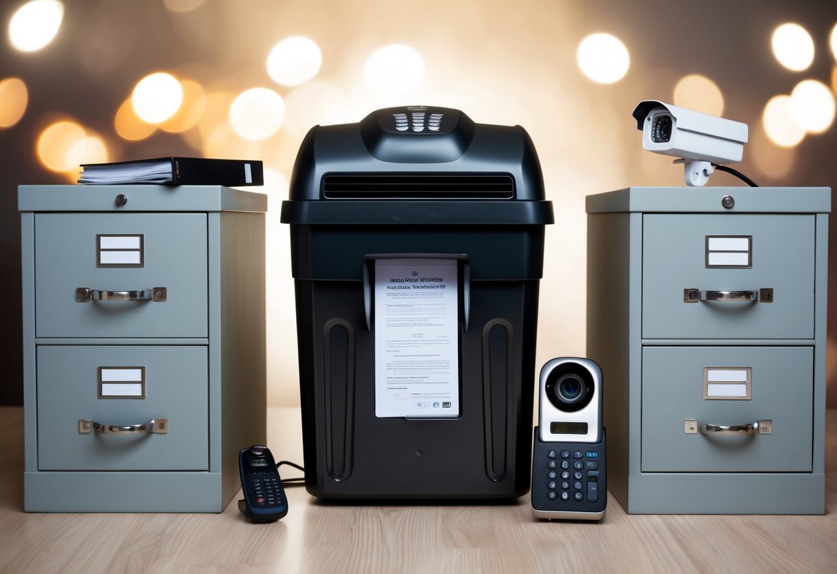 A secure document shredder surrounded by locked filing cabinets and a security camera