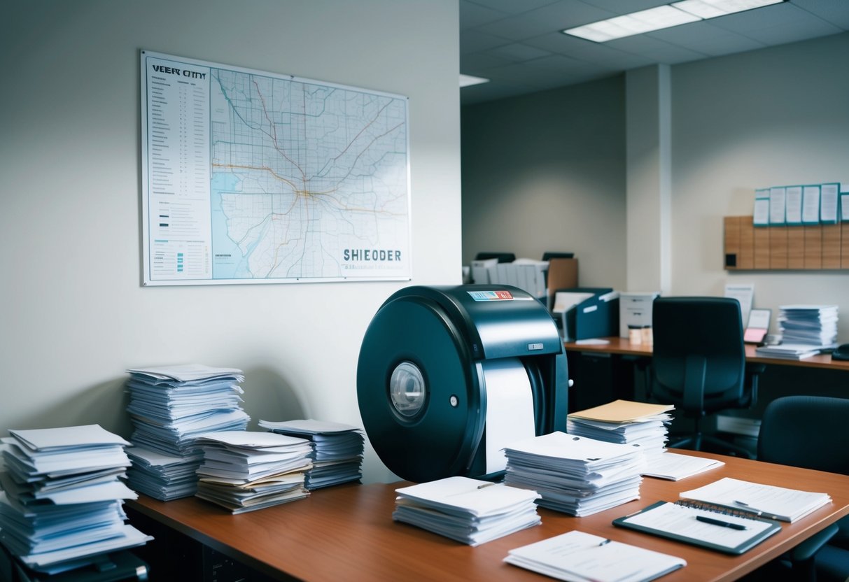 A busy office with a large industrial shredder in the corner, surrounded by stacks of paper and files. A map of the city hangs on the wall, with different locations highlighted