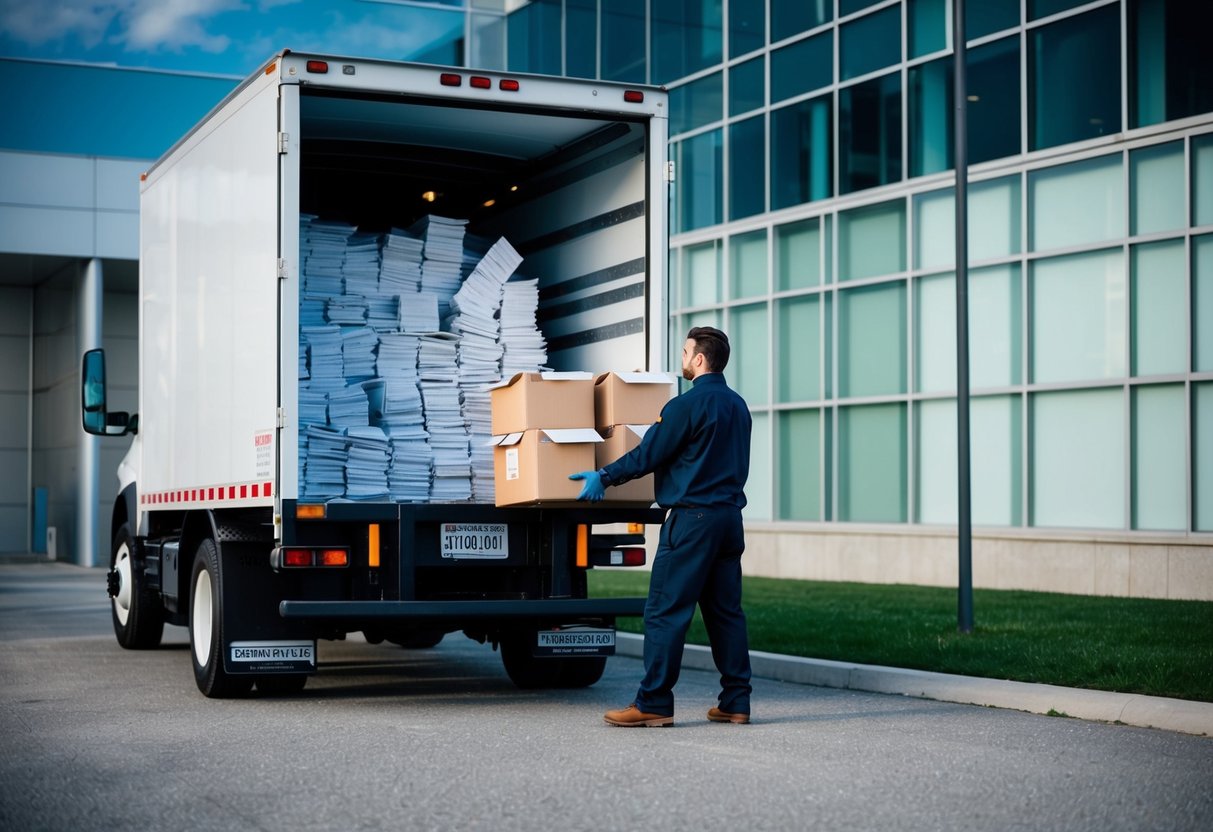 A secure shredding truck parked outside an office building, with a worker unloading boxes of documents for on-site shredding