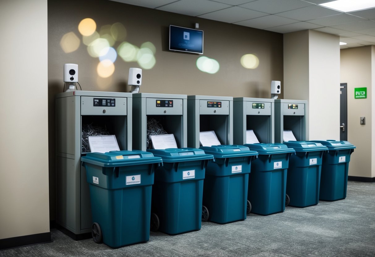 A secure document destruction facility with locked bins, surveillance cameras, and shredding machines in a controlled access area