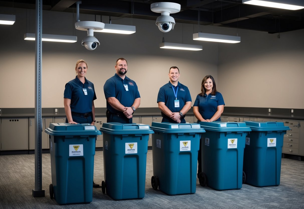 A secure document destruction facility with surveillance cameras, locked shredding bins, and staff wearing ID badges