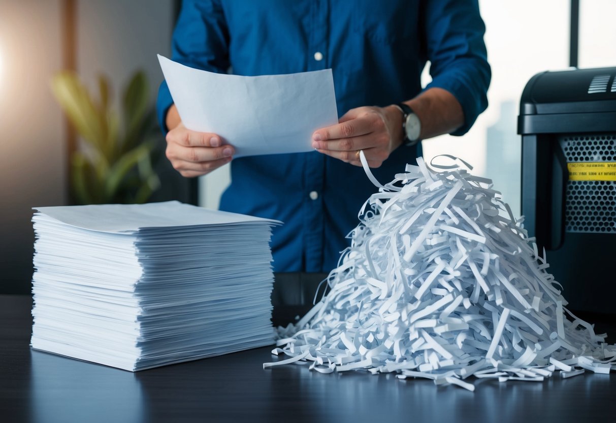 A person reads customer reviews while standing in front of a stack of shredded paper and a shredding machine