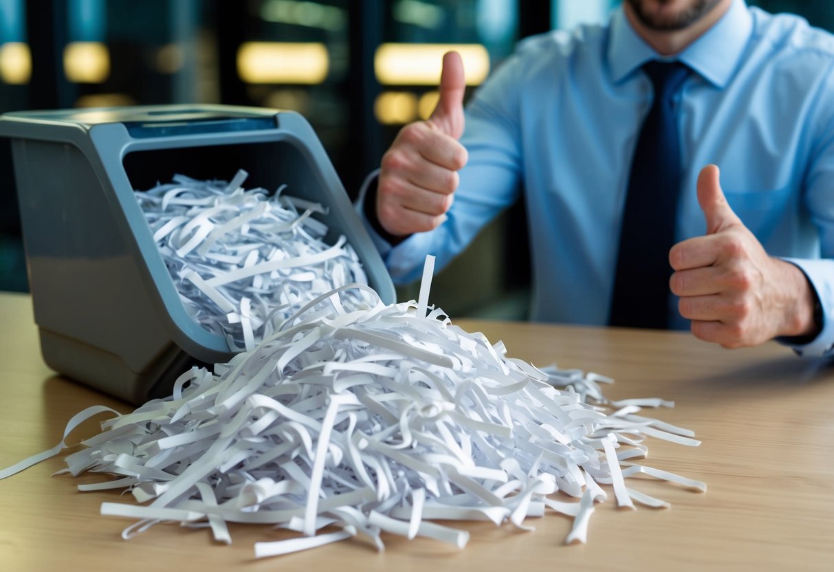 A pile of shredded paper spills out of a secure bin, while a satisfied customer smiles and gives a thumbs-up gesture