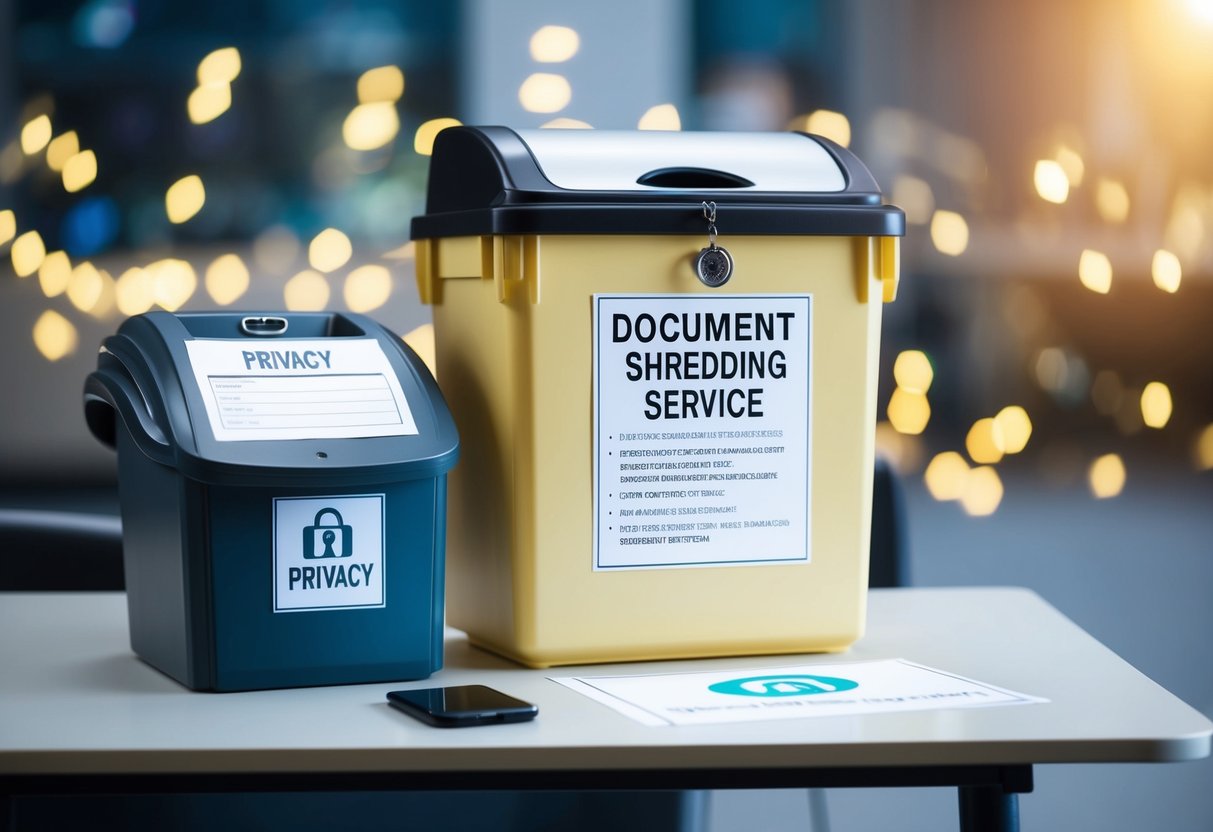 A secure document shredding service with a locked bin, shredder, and privacy policy displayed prominently