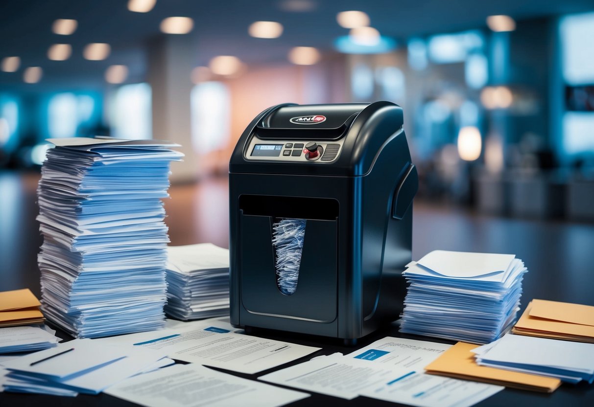 A shredding machine surrounded by stacks of documents and various customization options