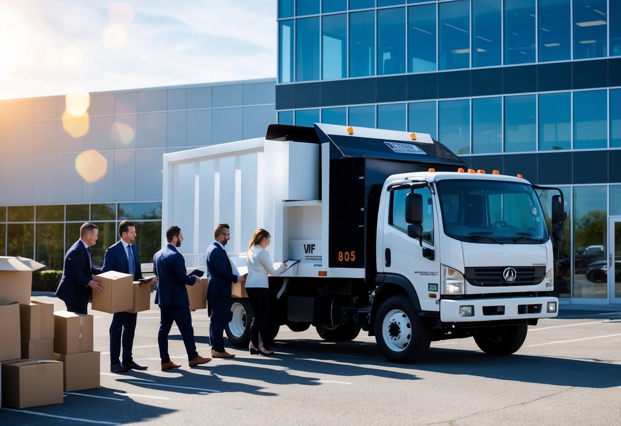 A secure document shredding truck parked outside an office building, with a line of employees dropping off boxes of paper for destruction