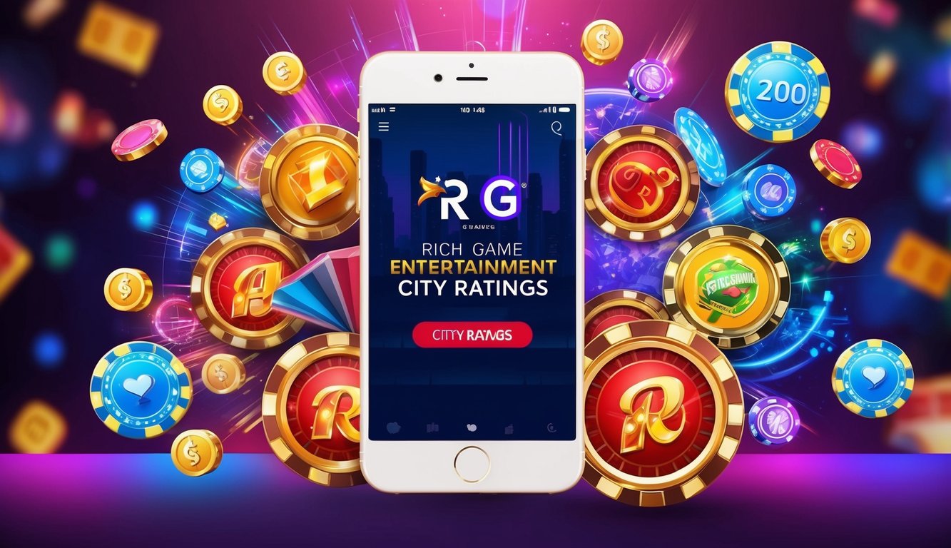 一個顯示 RG Rich Game Entertainment City 評分的移動設備，周圍環繞著生動的賭場主題圖形和圖標