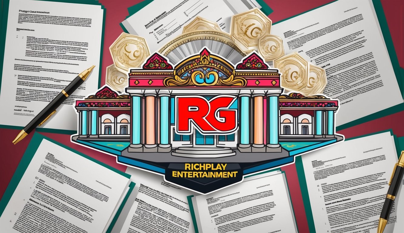 一個被法律文件和規範包圍的賭場，中央是RG Richplay Entertainment的標誌，描繪著詐騙。