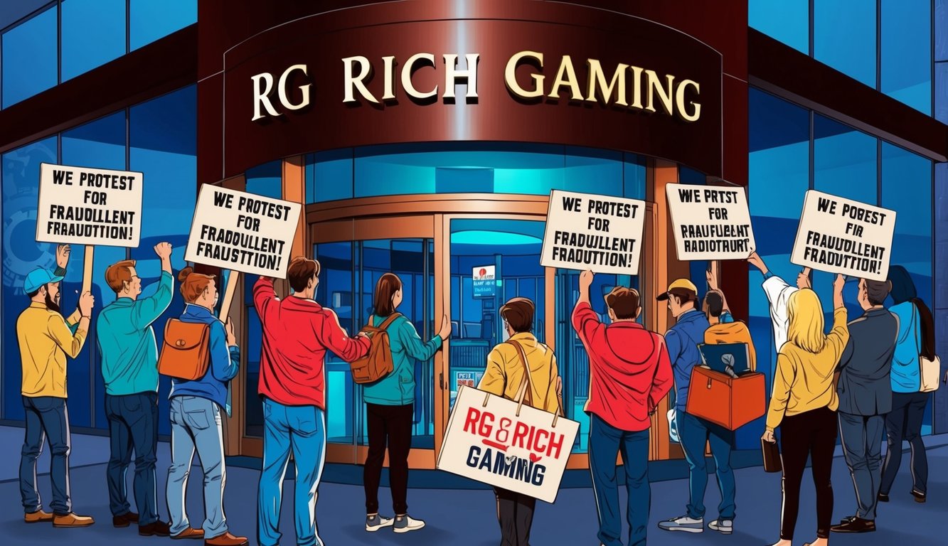 一群人面對一家賭場，手持標語抗議RG Rich Gaming的詐騙活動