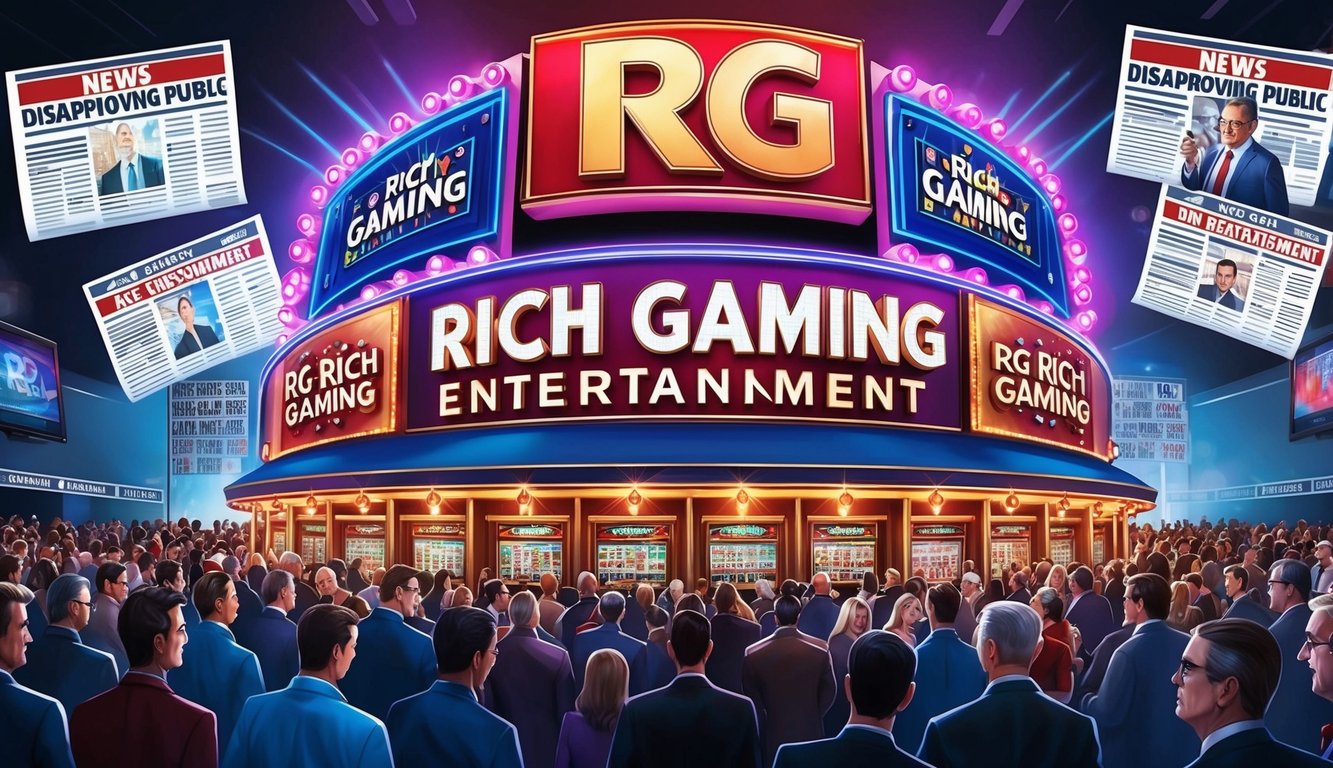 一個擁擠的賭場，閃爍的燈光和一個大型的 RG Rich Gaming Entertainment 標誌，四周環繞著新聞標題和不贊同的公眾