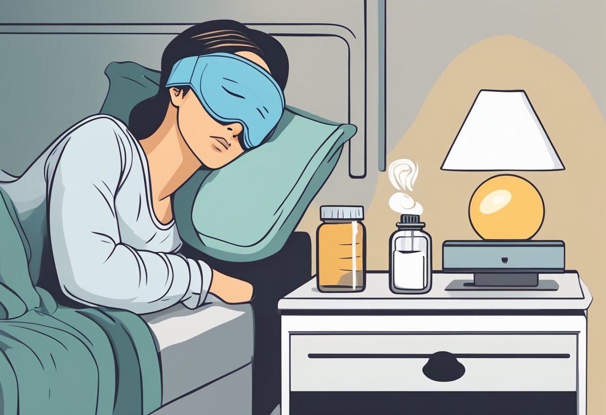 A person wearing a sleep mask with closed eyes, while a humidifier and eye drops sit on a bedside table