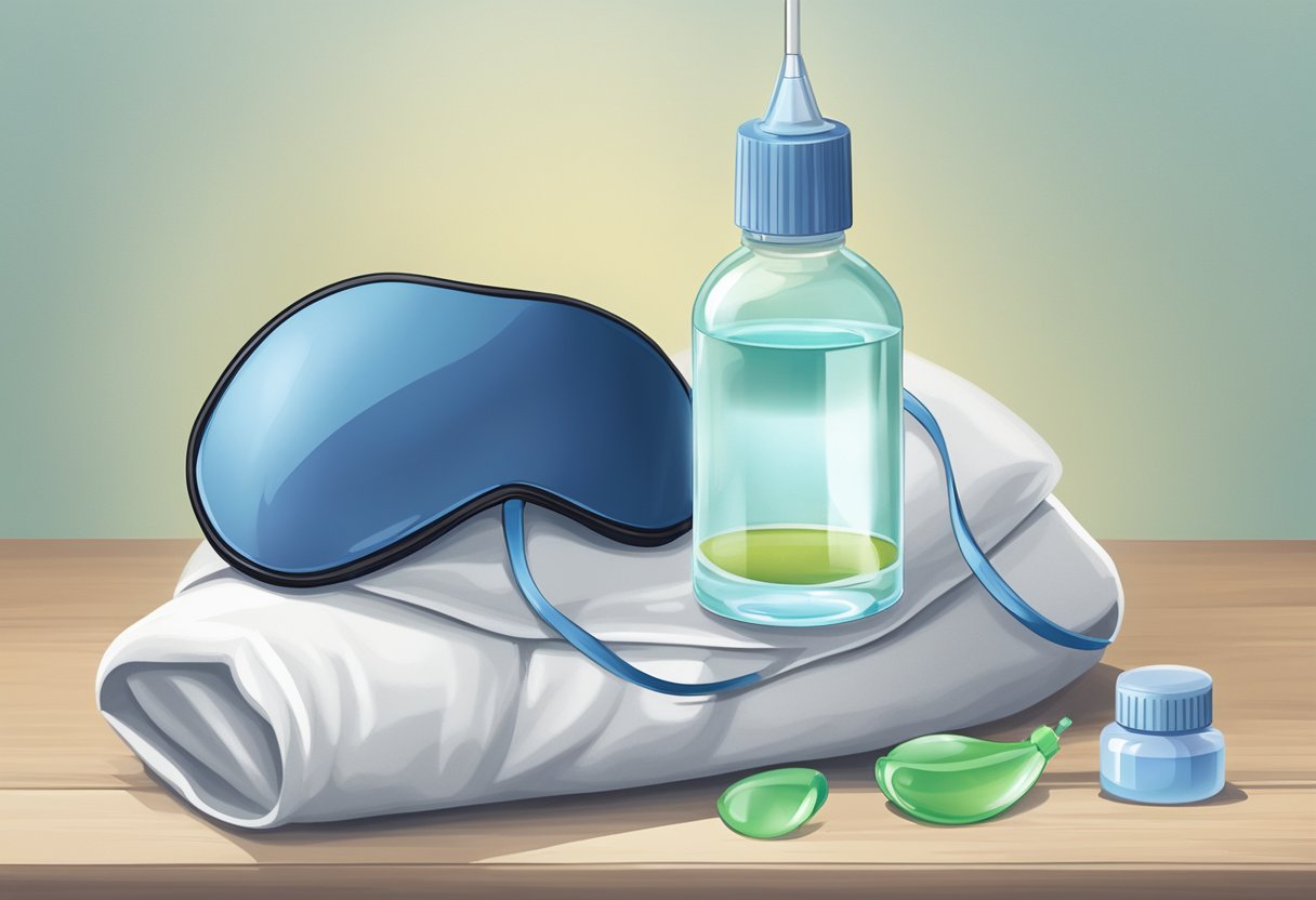 A sleep mask hanging to dry next to a bottle of eye drops