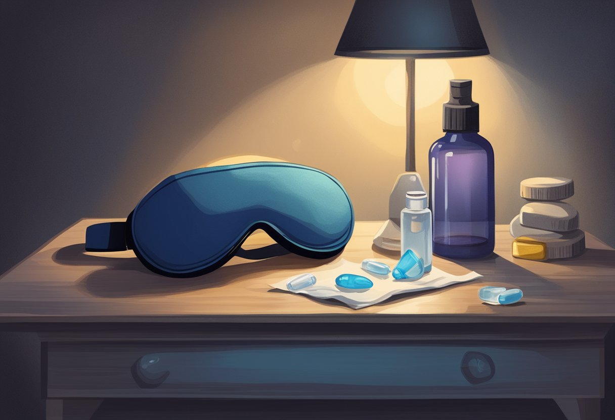 A sleep mask lies abandoned on a nightstand, next to a bottle of eye drops. The room is dimly lit, with a sense of exhaustion lingering in the air