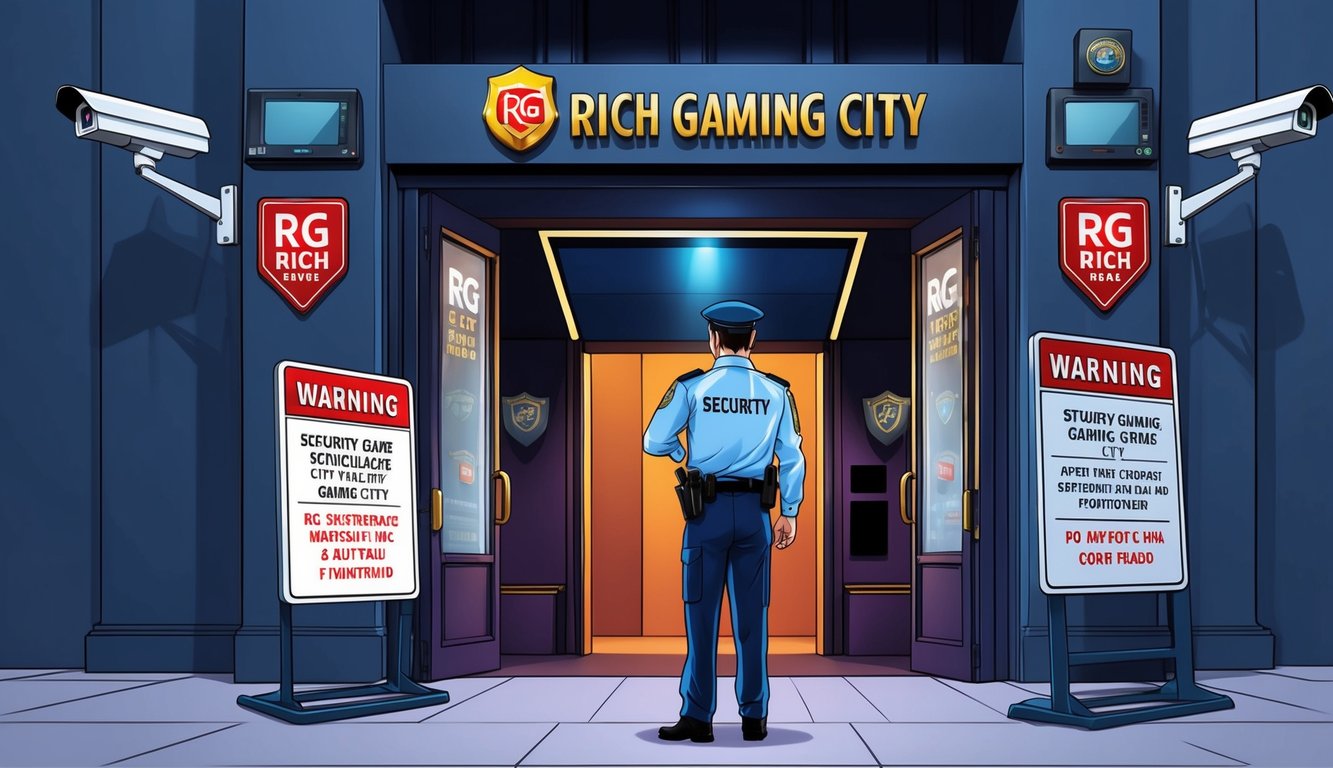 一名保安在 RG Rich Gaming City 的入口處監控，掃描潛在的詐騙行為。監視攝像頭和警告標誌顯眼地展示出來。