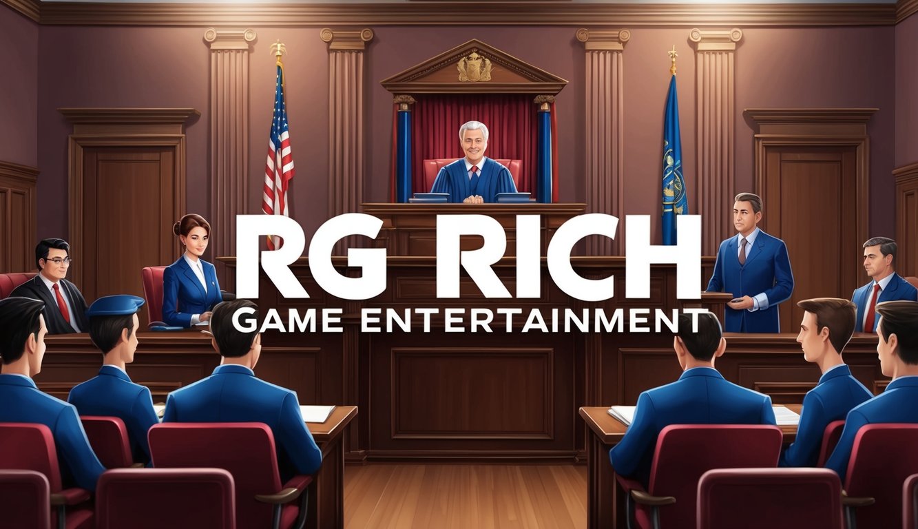 一個有法官、律師和觀眾的法庭，RG Rich Game Entertainment 標誌顯著展示