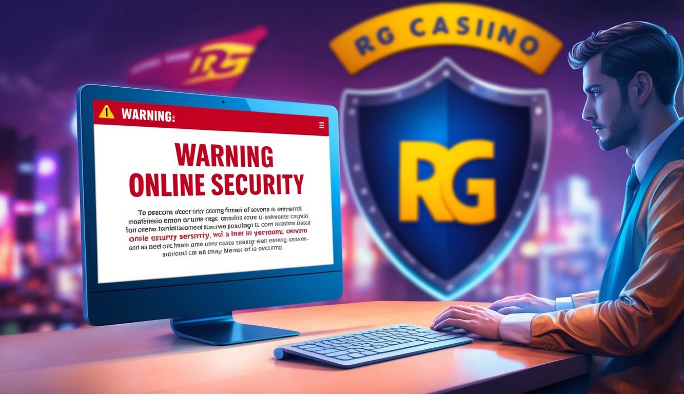 電腦螢幕顯示有關網上安全的警告信息，背景中有RG Casino的標誌