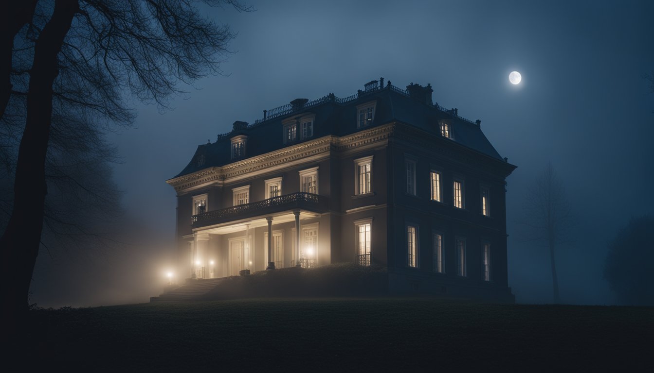 A dark, looming mansion on a hill at night, surrounded by mist and shadowy figures lurking in the background