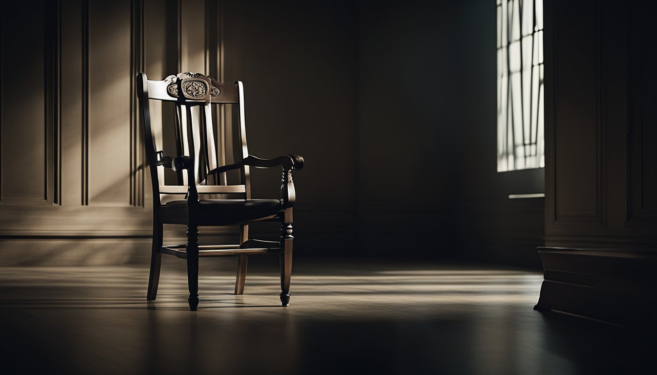 A lone chair sits in the center of a dimly lit room, surrounded by darkness. A pair of handcuffs dangle from one of the arms, casting eerie shadows