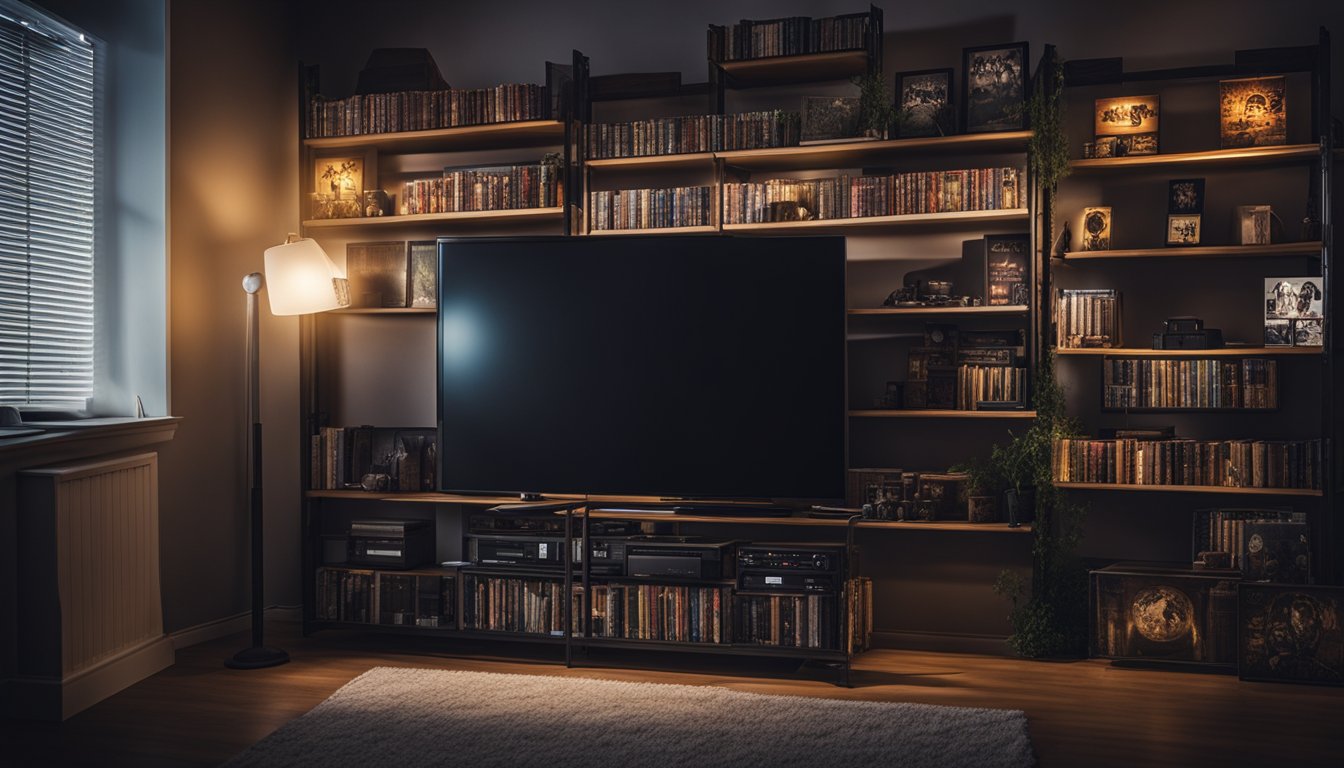 A dimly lit room with a flickering TV screen playing a horror movie. Surrounding the TV are shelves filled with DVDs and movie posters