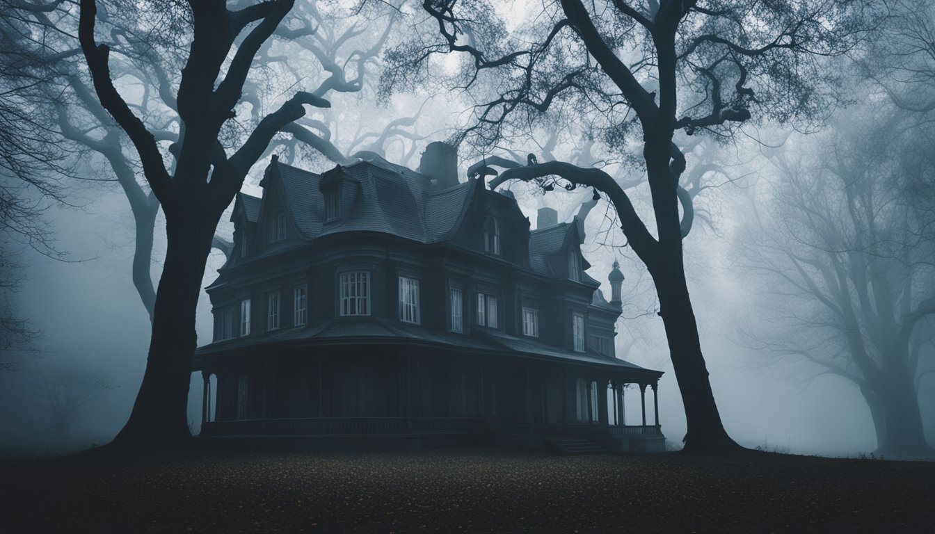 A dark, eerie house with shadows and twisted trees, surrounded by fog and a sense of impending dread