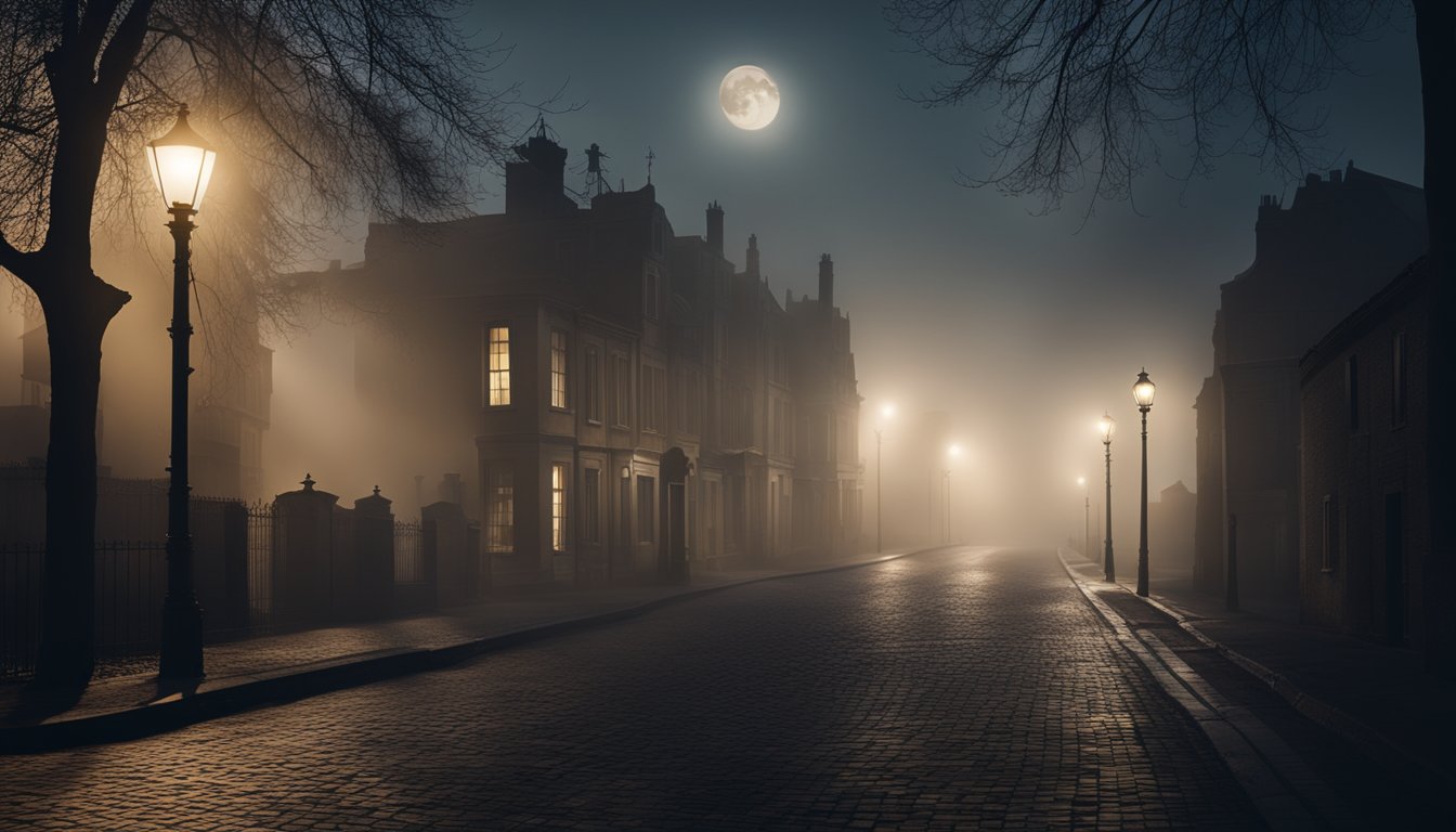 A dark, foggy street lined with old, eerie houses. The moon casts an ominous glow as shadows lurk in the corners