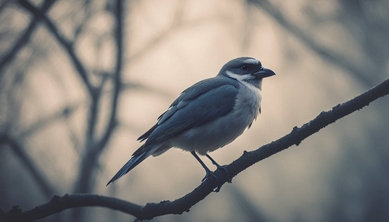 A blindfolded bird perched on a spooky, foggy tree branch