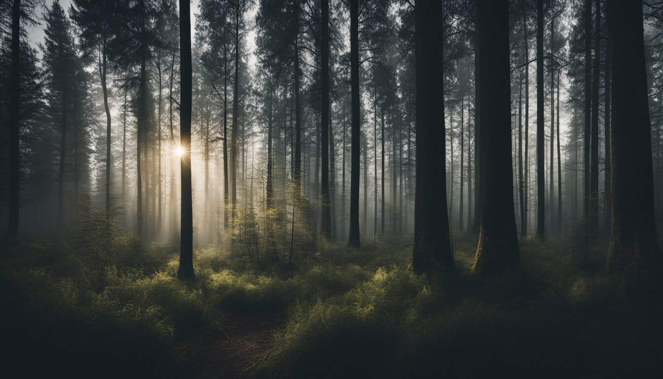 A dark, eerie forest with tall, tangled grass looming ominously, creating a sense of foreboding and mystery