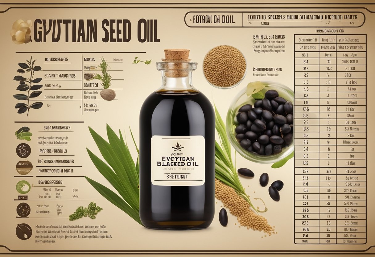 A bottle of Egyptian Black Seed Oil surrounded by various culinary ingredients and a nutritional chart