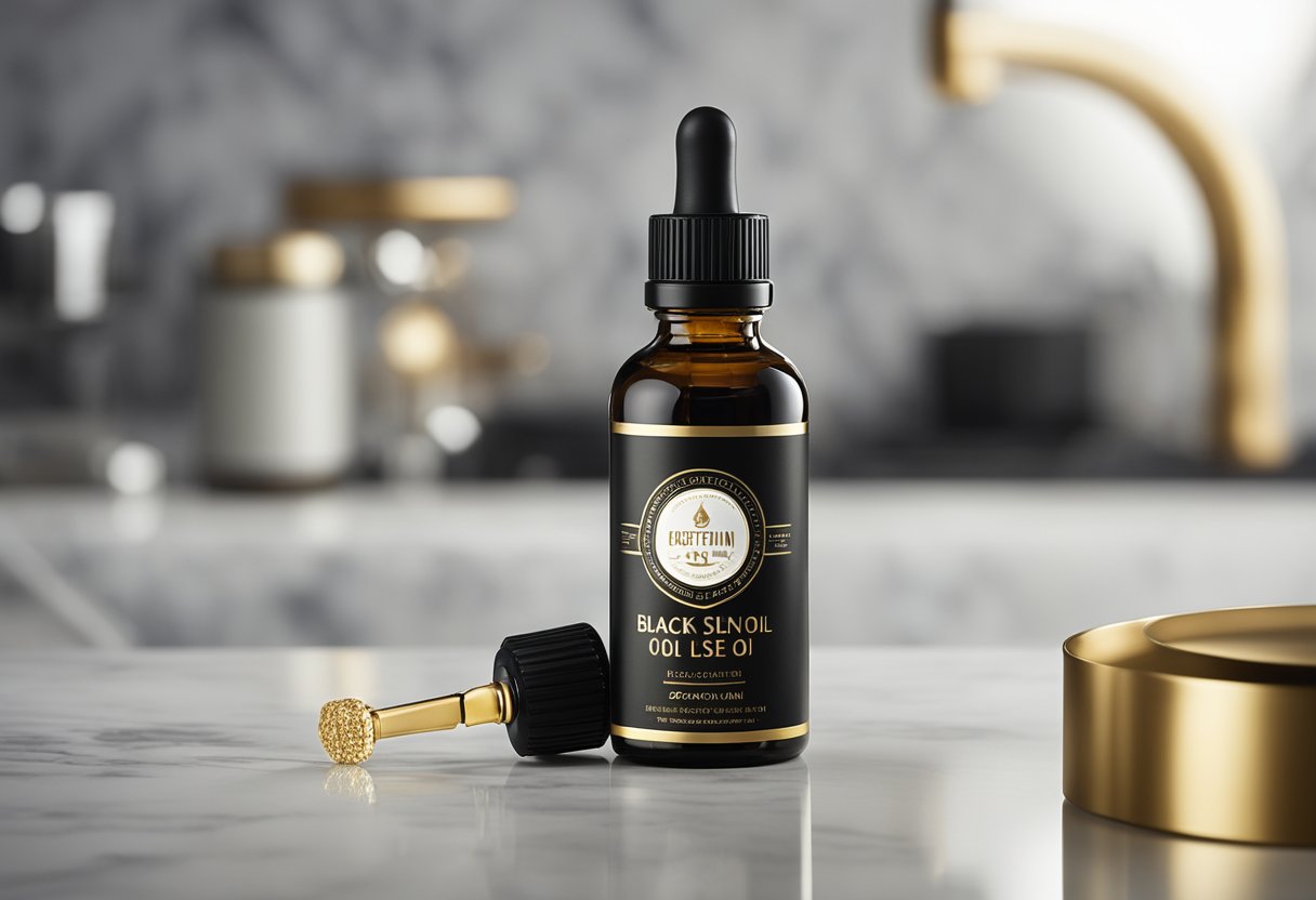 A bottle of Egyptian Black Seed Oil standing on a marble countertop, with a golden label and a dropper cap