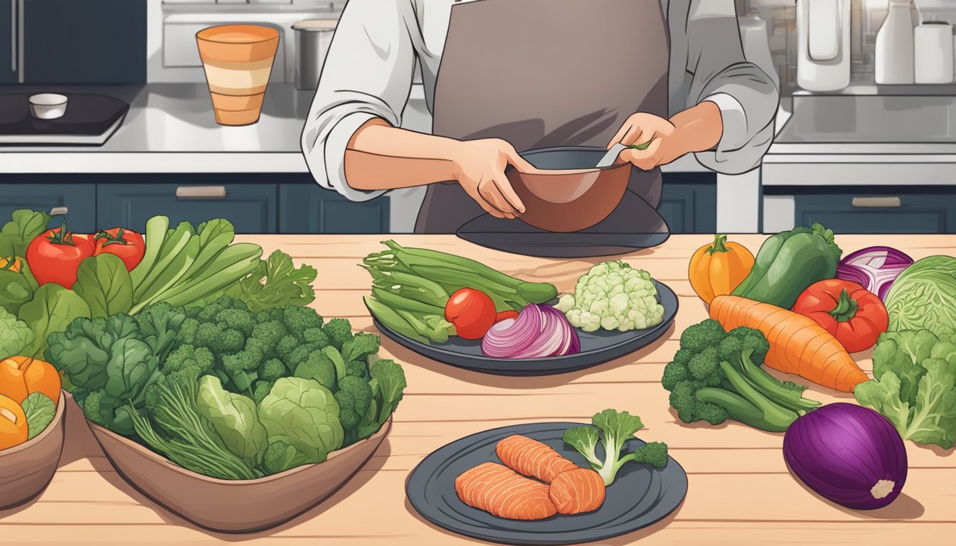 A person preparing a keto-friendly meal with a variety of fresh vegetables and lean proteins, while avoiding high-carb ingredients