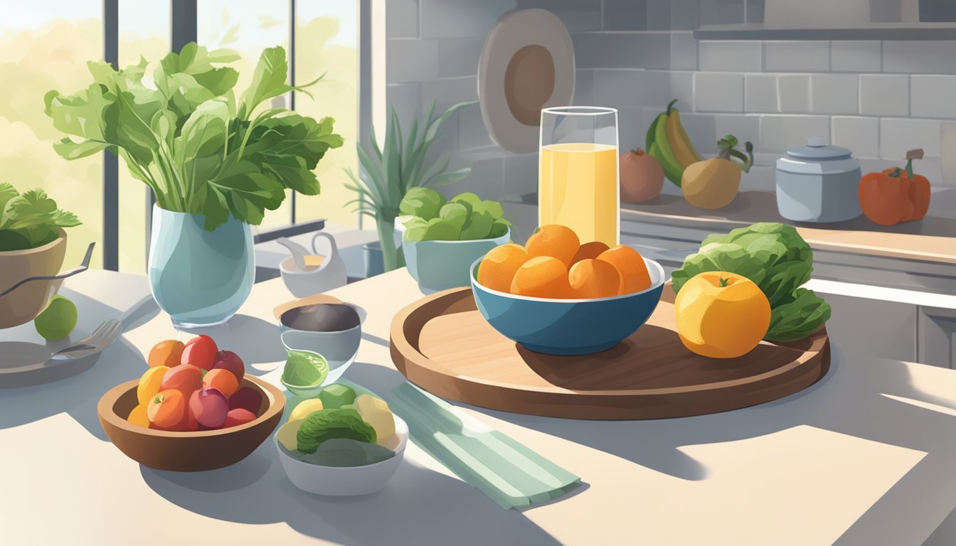 A serene, sunlit kitchen with a bowl of fresh fruits and vegetables, a glass of water, and a plate of lean protein and healthy fats