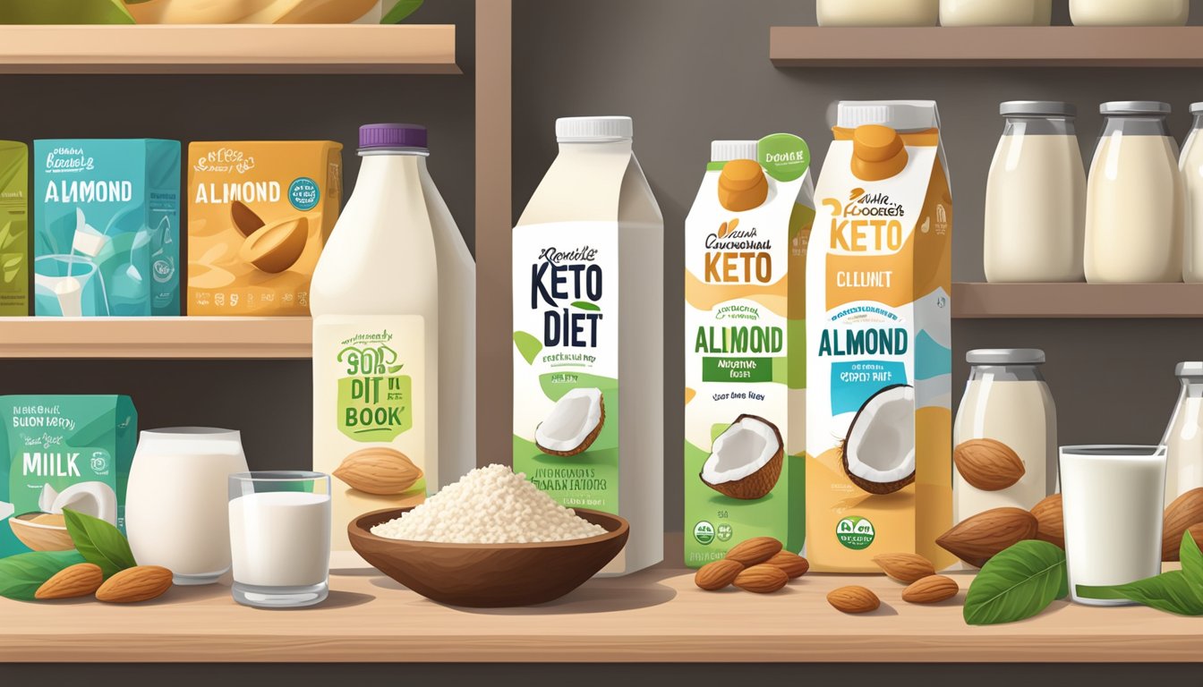 A variety of milk alternatives (almond, coconut, soy) displayed on a shelf with a keto diet book nearby