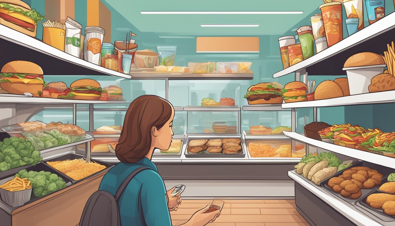 A person browsing through a variety of fast food options, carefully examining nutrition labels and ingredients for keto-friendly choices