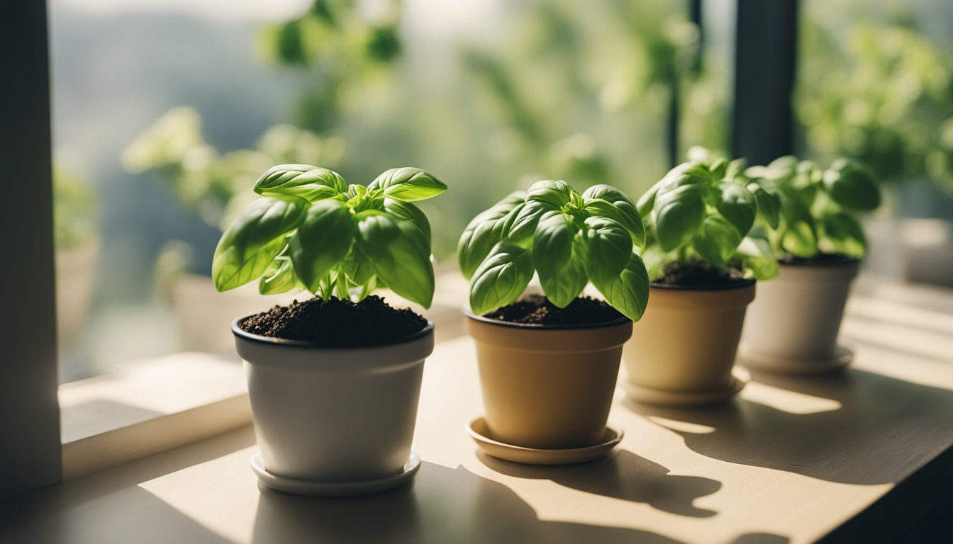 Basil plants thrive in small pots on a sunny windowsill, showcasing their ease of indoor growth